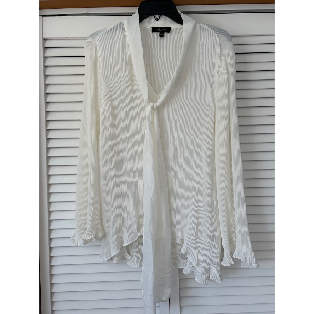 Melissa‎ Paige Pleated Tie Neck Blouse Shirt Ivory Long Sleeve Size L Fairy